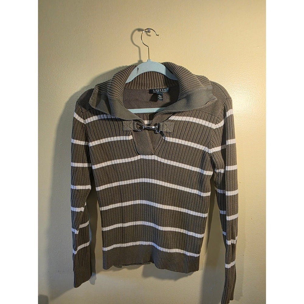 Lauren Ralph Lauren Olive Green Striped Cotton Sweater Lobster Clasp Large L